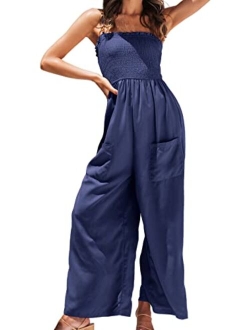 Summer Women Slip Ruching Smocked Jumpsuit Pants Square Neck Speghetti Straps Loose Waisted Maxi