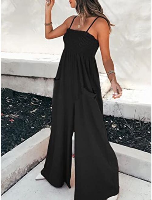 CUPSHE Summer Women Slip Ruching Smocked Jumpsuit Pants Square Neck Speghetti Straps Loose Waisted Maxi