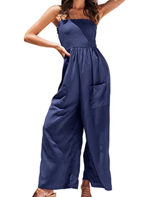 CUPSHE Summer Women Slip Ruching Smocked Jumpsuit Pants Square Neck Speghetti Straps Loose Waisted Maxi