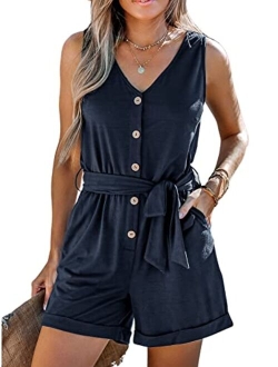 Women's V Neck Belted Button Romper Sleeveless Short Jumpsuit Rolled Pants Outfit