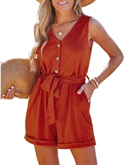 Women's V Neck Belted Button Romper Sleeveless Short Jumpsuit Rolled Pants Outfit