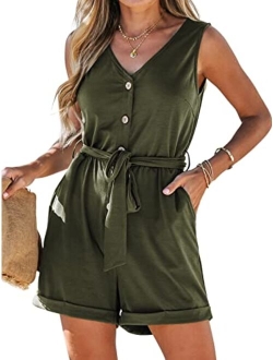 Women's V Neck Belted Button Romper Sleeveless Short Jumpsuit Rolled Pants Outfit