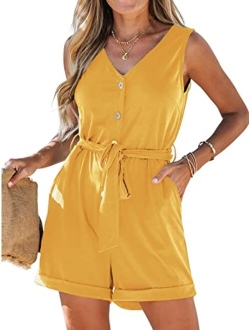 Women's V Neck Belted Button Romper Sleeveless Short Jumpsuit Rolled Pants Outfit