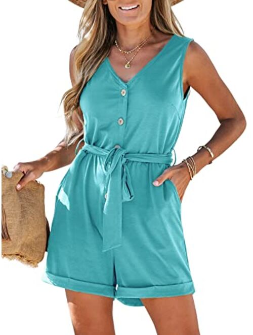 CUPSHE Women's V Neck Belted Button Romper Sleeveless Short Jumpsuit Rolled Pants Outfit