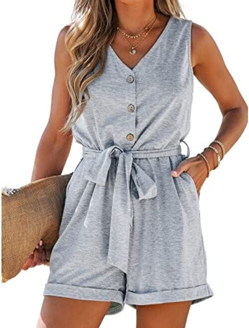 CUPSHE Women's V Neck Belted Button Romper Sleeveless Short Jumpsuit Rolled Pants Outfit