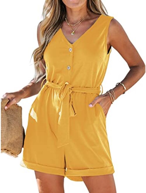 CUPSHE Women's V Neck Belted Button Romper Sleeveless Short Jumpsuit Rolled Pants Outfit