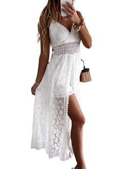 Women's Ruching Smocking Jumpsuit Summer Slip V Neck Backless Maxi High Low