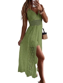 Women's Ruching Smocking Jumpsuit Summer Slip V Neck Backless Maxi High Low