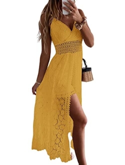 Women's Ruching Smocking Jumpsuit Summer Slip V Neck Backless Maxi High Low