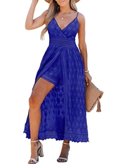 Women's Ruching Smocking Jumpsuit Summer Slip V Neck Backless Maxi High Low