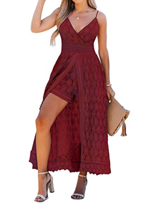 CUPSHE Women's Ruching Smocking Jumpsuit Summer Slip V Neck Backless Maxi High Low