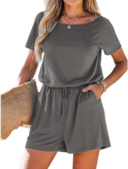 Women's V Neck Boat Neck Romper Short Sleeve Jumpsuit One Piece Outfit