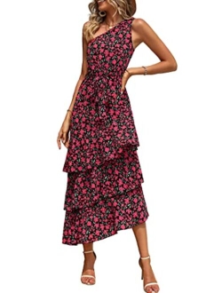 Women's Summer Floral Sundress Casual One Shoulder Tiered Ruffle Flowy Midi Beach Boho Dresses