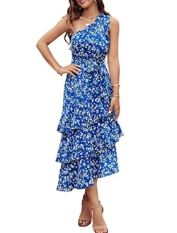 Women's Summer Floral Sundress Casual One Shoulder Tiered Ruffle Flowy Midi Beach Boho Dresses