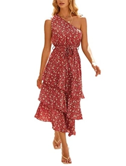 Women's Summer Floral Sundress Casual One Shoulder Tiered Ruffle Flowy Midi Beach Boho Dresses