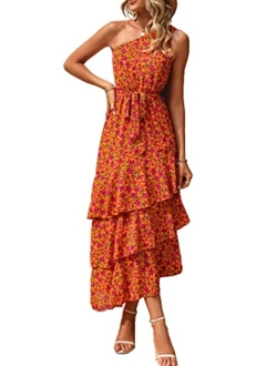 Women's Summer Floral Sundress Casual One Shoulder Tiered Ruffle Flowy Midi Beach Boho Dresses