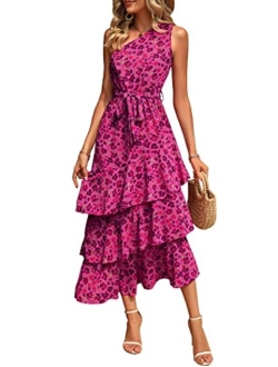 Women's Summer Floral Sundress Casual One Shoulder Tiered Ruffle Flowy Midi Beach Boho Dresses