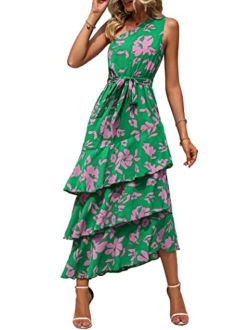 Women's Summer Floral Sundress Casual One Shoulder Tiered Ruffle Flowy Midi Beach Boho Dresses