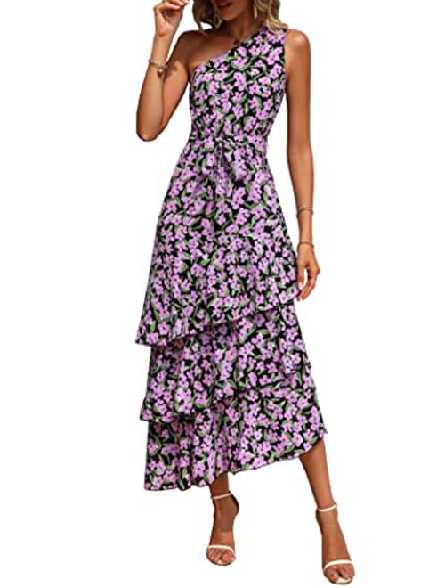 PRETTYGARDEN Women's Summer Floral Sundress Casual One Shoulder Tiered Ruffle Flowy Midi Beach Boho Dresses