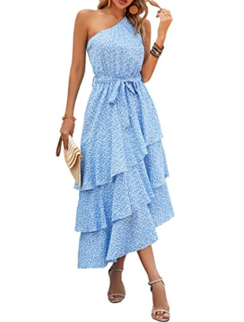 PRETTYGARDEN Women's Summer Floral Sundress Casual One Shoulder Tiered Ruffle Flowy Midi Beach Boho Dresses