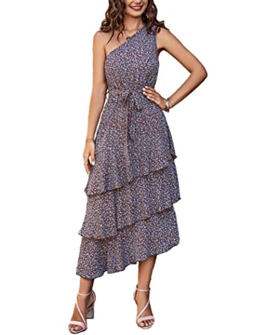 PRETTYGARDEN Women's Summer Floral Sundress Casual One Shoulder Tiered Ruffle Flowy Midi Beach Boho Dresses