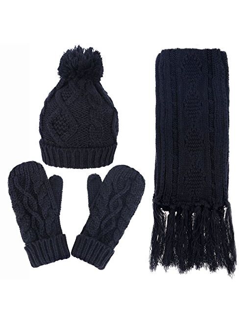 Verabella Women & Men's 3 in 1 Winter Warm Knit Beanie Hat Scarf and Mittens Set