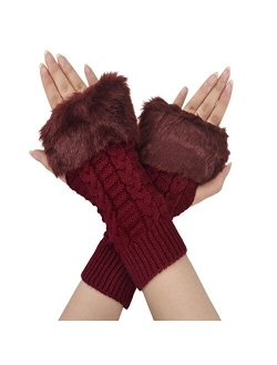 Verabella Women's Faux Fur Cable Knit Hand Warmers Fingerless Mittens Thumb Hole Gloves