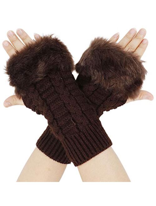 Verabella Women's Faux Fur Cable Knit Hand Warmers Fingerless Mittens Thumb Hole Gloves