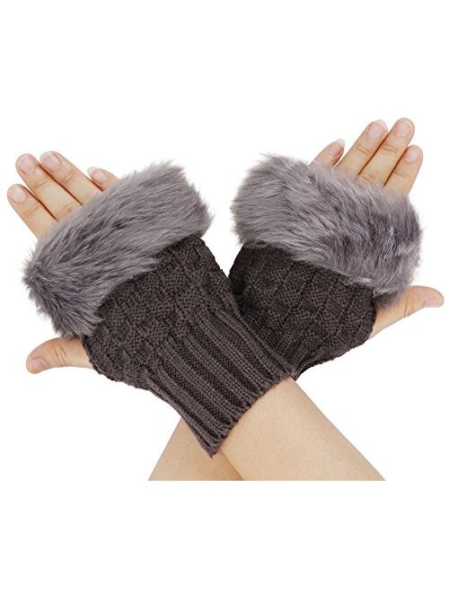 Verabella Women's Faux Fur Cable Knit Hand Warmers Fingerless Mittens Thumb Hole Gloves