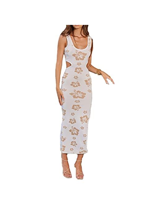 Yony Cles Bodycon Dresses for Women Summer Knit Hollow Out Sexy Night Out Midi Maxi Dress Sleeveless Long Cut Out Dress