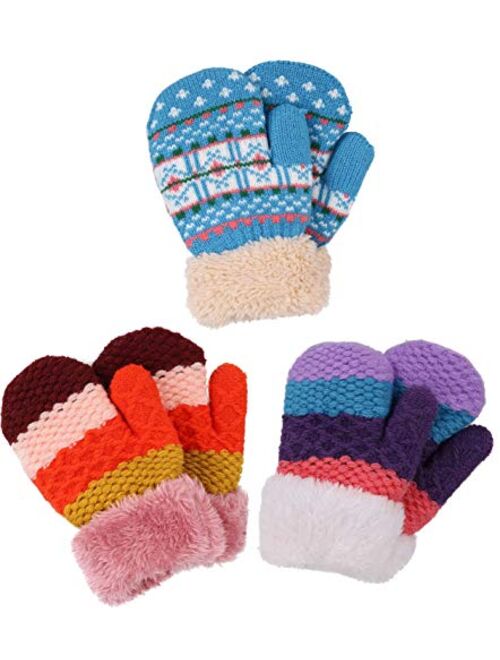 Verabella Boys Girls Sherpa Lined Fuzzy Cuff Winter Mittens Kids Knitted Gloves 3 Pairs