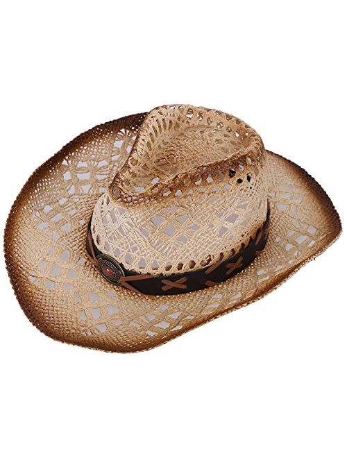 Verabella Men/Women's Classic Western Cowboy Straw Hat w/Leather Band