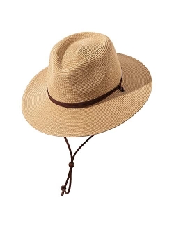 Lanzom Straw Hats for Women Lady Wide Brim Panama Fedora Cap Beach Hat with Wind Lanyard UPF 50+