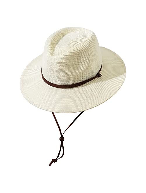 Lanzom Straw Hats for Women Lady Wide Brim Panama Fedora Cap Beach Hat with Wind Lanyard UPF 50+