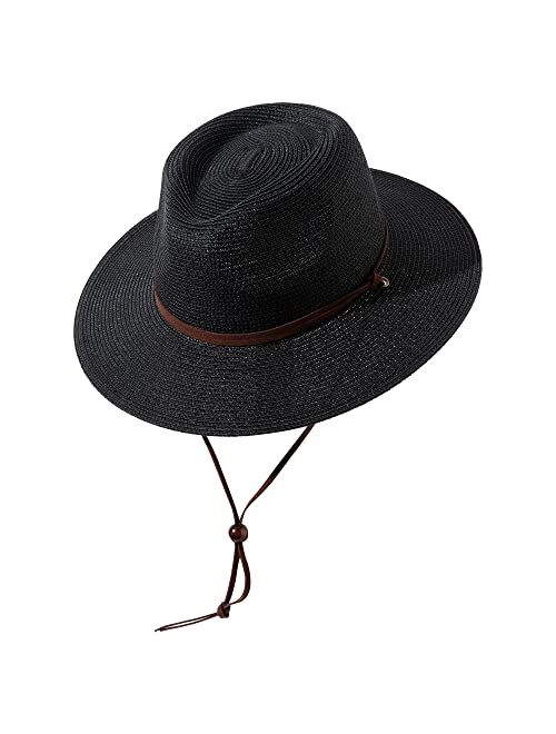 Lanzom Straw Hats for Women Lady Wide Brim Panama Fedora Cap Beach Hat with Wind Lanyard UPF 50+