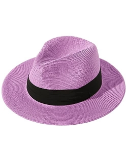 Lanzom Women Wide Brim Straw Panama Roll up Hat Fedora Beach Sun Hat UPF50+