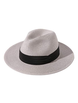 Lanzom Women Wide Brim Straw Panama Roll up Hat Fedora Beach Sun Hat UPF50+