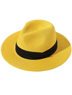 Lanzom Women Wide Brim Straw Panama Roll up Hat Fedora Beach Sun Hat UPF50+