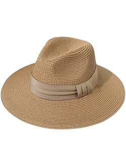 Lanzom Women Wide Brim Straw Panama Roll up Hat Fedora Beach Sun Hat UPF50+