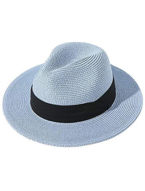 Lanzom Women Wide Brim Straw Panama Roll up Hat Fedora Beach Sun Hat UPF50+