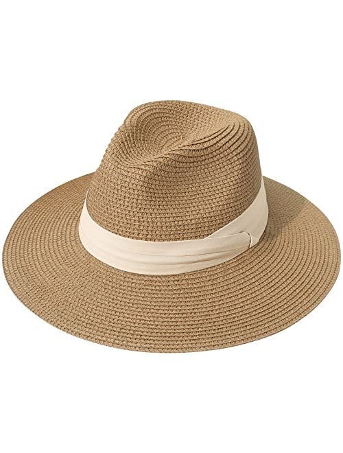 Lanzom Women Wide Brim Straw Panama Roll up Hat Fedora Beach Sun Hat UPF50+