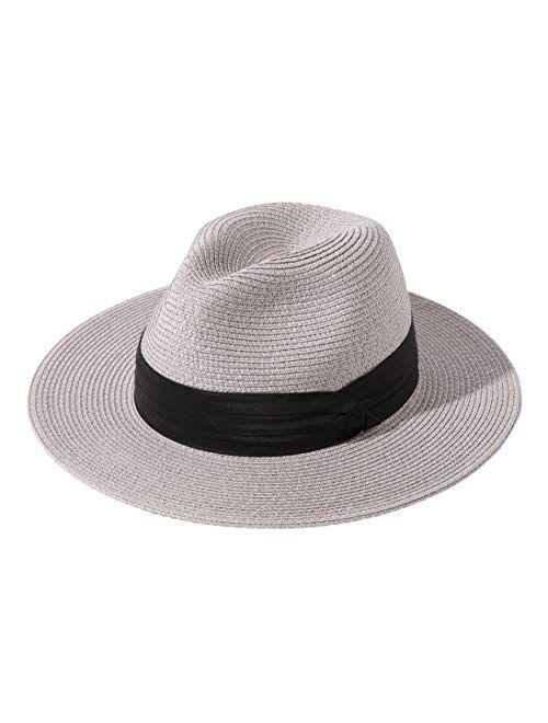 Lanzom Women Wide Brim Straw Panama Roll up Hat Fedora Beach Sun Hat UPF50+