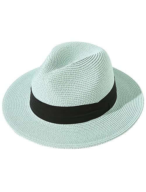 Lanzom Women Wide Brim Straw Panama Roll up Hat Fedora Beach Sun Hat UPF50+