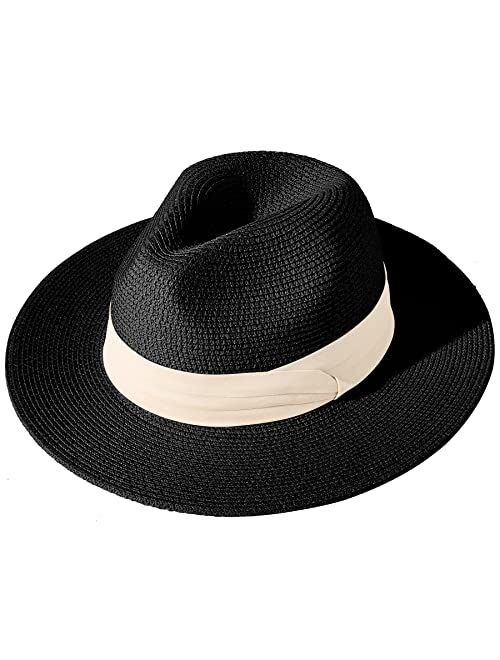 Lanzom Women Wide Brim Straw Panama Roll up Hat Fedora Beach Sun Hat UPF50+