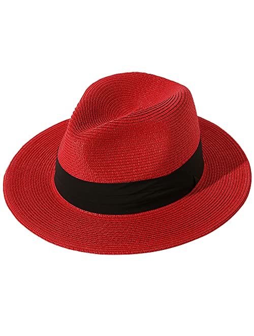 Lanzom Women Wide Brim Straw Panama Roll up Hat Fedora Beach Sun Hat UPF50+