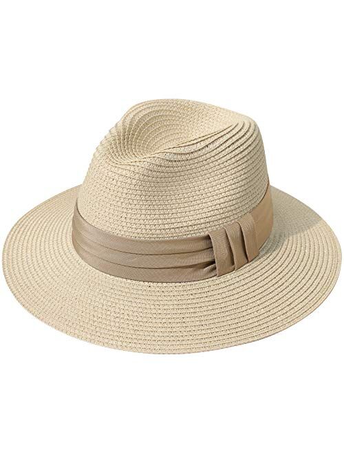 Lanzom Women Wide Brim Straw Panama Roll up Hat Fedora Beach Sun Hat UPF50+