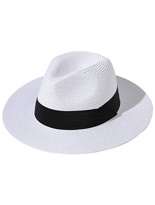 Lanzom Women Wide Brim Straw Panama Roll up Hat Fedora Beach Sun Hat UPF50+