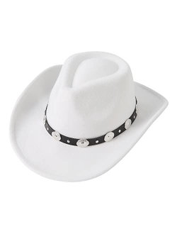 Lanzom Women Men Felt Wide Brim Western Cowboy Hats Belt Buckle Panama Hat