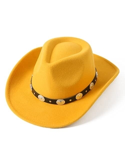 Lanzom Women Men Felt Wide Brim Western Cowboy Hats Belt Buckle Panama Hat