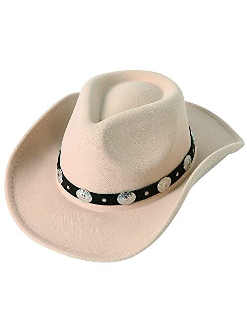 Lanzom Women Men Felt Wide Brim Western Cowboy Hats Belt Buckle Panama Hat